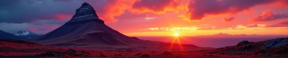 Fototapeta premium Sunset paints Kirkjufellsfoss and Kirkjufell in fiery hues, light, stunning