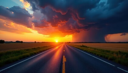 Fototapeta premium Sunset paints empty asphalt road cutting through rural landscape, ominous storm clouds gather , stock photo, rural road