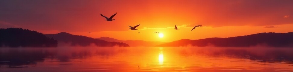 Sunset silhouettes of migrating geese ascending over calm lake waters , wildfowl, migration