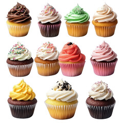 Delicious Assortment of Cupcakes with Various Frostings PNG transparent background