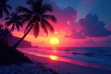 Sunset silhouettes palm tree Christmas lights tropical beach, glow, palm, winter holidays