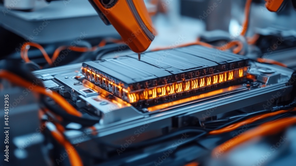 Poster advanced robotics assembling battery modules in high-tech factory industrial setting close-up view t