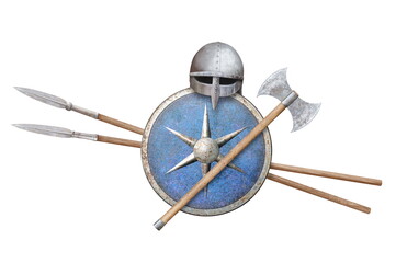 Naklejka premium helmet shield axe and two spears isolated on white