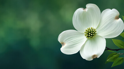 Fototapeta premium A stunning white dogwood blossom with delicate petals and a vibrant green center is presented against a blurred green backdrop evoking nature's tranquility.