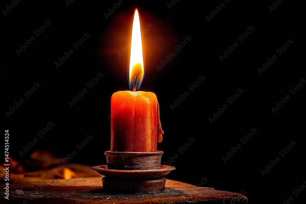 Aufkleber Candle flame illuminating darkness with warm glow on a rustic surface creating a serene atmosphere
