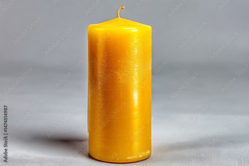 Poster Long yellow candle stands upright on a gray background creating a warm and inviting atmosphere for relaxation and ambiance