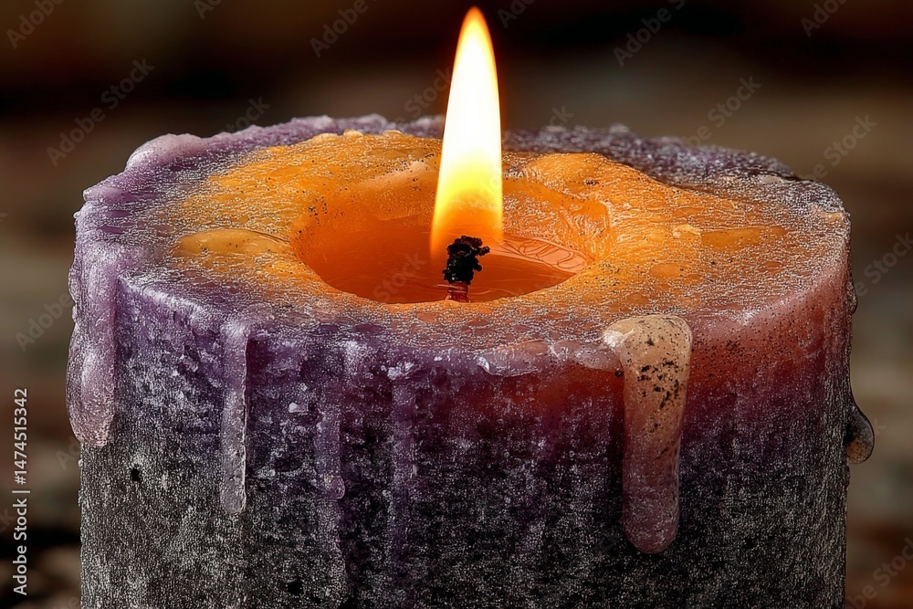 Aufkleber wax drips from a lit candle with a vibrant flame illuminating its textured surface in a dimly lit ro