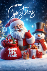 Santa and snowman poster in the magical time of Christmas, gift boxes and joy.
