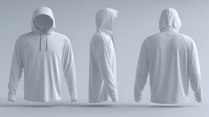Light grey sun protection hoodie mockup with long sleeves, thumbholes, and hood shown on light grey background
