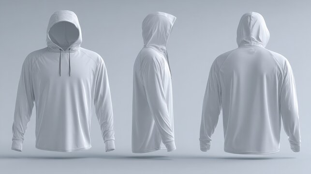 Light grey sun protection hoodie mockup with long sleeves, thumbholes, and hood shown on light grey background
