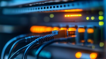 Naklejka premium Data center operations network management technology hub digital infrastructure urban environment close-up view connectivity focus