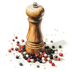 Pepper Mill Watercolor Clipart Bundle – Vintage Salt and Pepper Shakers, Wooden Grinders, Assorted Peppercorns, Rustic Kitchen Decor