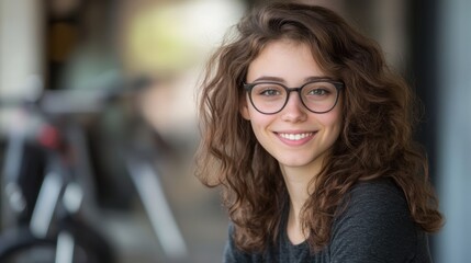 A young woman with curly hair and glasses smiles warmly, set against a softly blurred background, This image is ideal for uses in marketing, blog posts, or articles focusing on youth, positivity