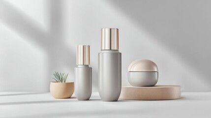 Elegant skincare bottles and a jar, arranged with a touch of nature, capturing a serene and modern aesthetic.