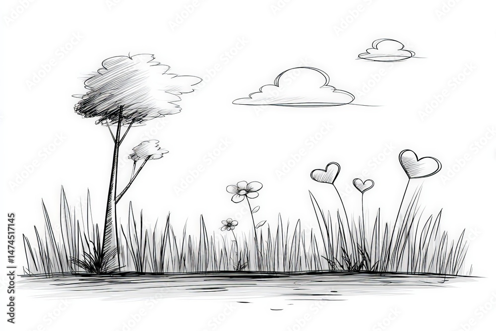 Poster Artistic representation of a serene landscape with trees, flowers, and clouds in a minimalist style