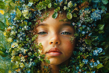 Portrait of a children  with plants