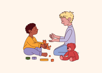 Two boys sitting on floor playing with cubes and plush toys. African American boy holding orange cat toy. Fun preschool activity. Flat vector illustration isolated.