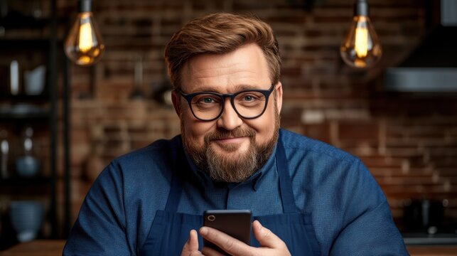 A smiling man in an apron holds a smartphone, exuding warmth and friendliness in a cozy restaurant setting, Ideal for food-related blogs, social media promotions, or business advertisements,