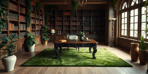 Luxurious Green Carpet in a Classic Wooden Library with Bookshelves and Plants, AI generated
