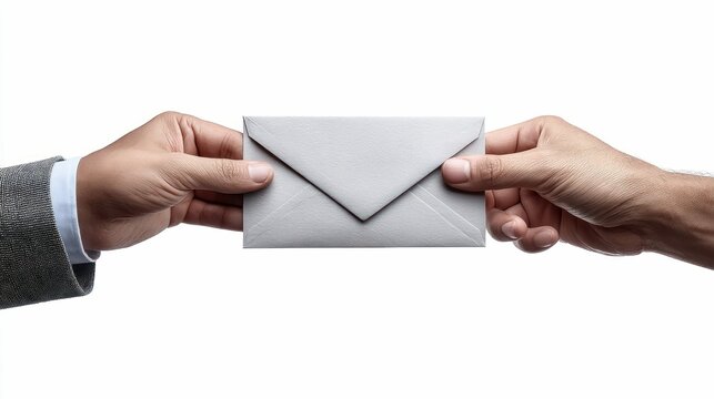 Two hands hold a gray envelope on a white background, perfect for various concepts.