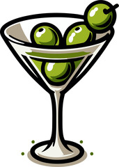Stylized cartoon vector illustration of a classic martini glass filled with green olives. The glass is elegantly drawn with bold outlines and smooth shading, giving it a clean and modern look. 