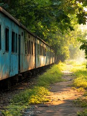 Obraz premium An abandoned train car rests under vibrant greenery, illuminated by soft sunlight, evoking a serene and nostalgic atmosphere, Ideal for nature, travel, or urban decay themes,