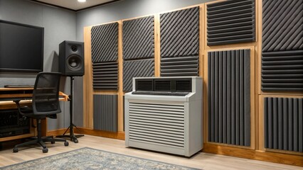 A functional recording room with acoustic treatment and essential audio equipment, emphasizing a controlled environment for mixing, mastering, and creating high-quality sound.
