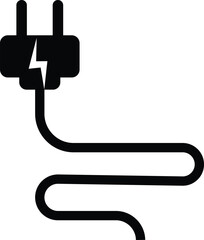 Electrical plug with lighting symbol and cable black vector icon Plug with wire cable ,energy , power, connection simple glyph pictogram symbol isolated on transparent background.