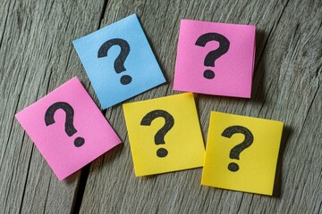 Colorful sticky notes with question marks on a wooden surface (1)
