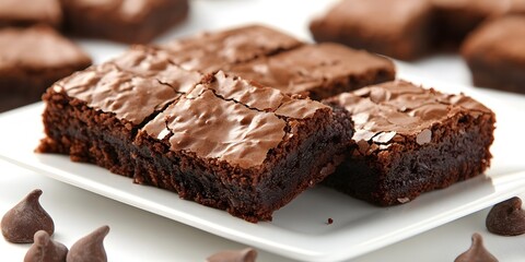 Delicious Homemade Brownies with Chocolate Chips on a White Plate