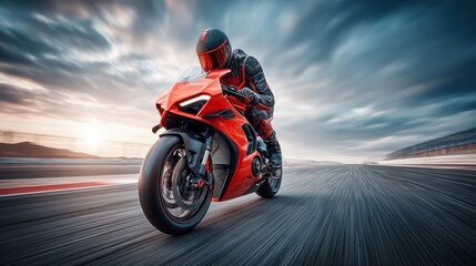 A dynamic shot of a red motorcycle racing on a track with a blurred background and rider.