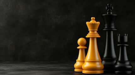 A close-up of yellow and black chess pieces, set against a dark background, This image can be used for articles, blogs, or marketing materials related to strategy, games, or competition,