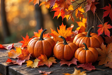 Four orange pumpkins with green stems on a dark wooden table surrounded by vibrant autumn leaves and a tree trunk in the background.