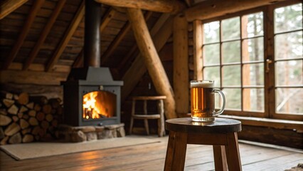 A glass of cold beer with condensation sits on a wooden stool in a cozy rustic log cabin with a burning fireplace, symbolizing warmth, relaxation