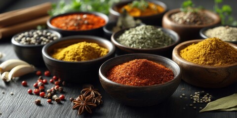Assorted Exotic Spices in Small Bowls for International Cuisine