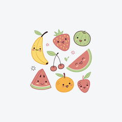 Cute Kawaii Smiling Fruit Icon Set