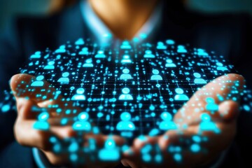 Digital Network Concept with Hands Holding 3D Representation of Social Connections and User Profiles in Neon Colors on Dark Background