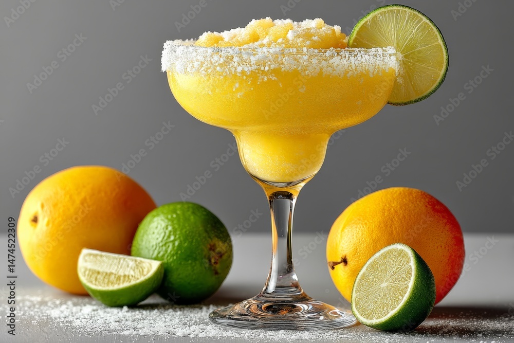 Poster refreshing citrus margarita served with lime wedges garnished with salt on a gray background