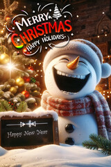 Snowman postcard, Christmas and New Year greetings.