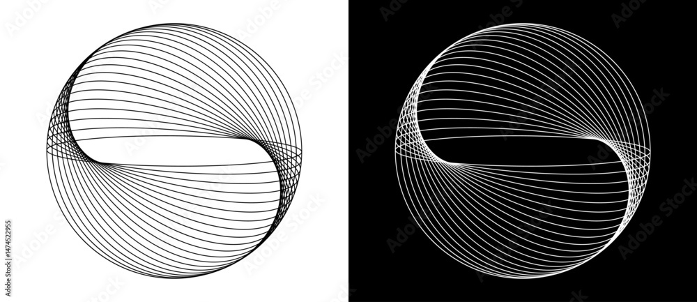 Aufkleber set of distorted circles in spiral. black spiral on white background and white spiral on black backg