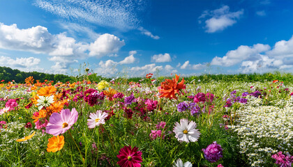 Obraz premium vibrant colorful flowers in a lush green field under a bright blue sky with fluffy clouds