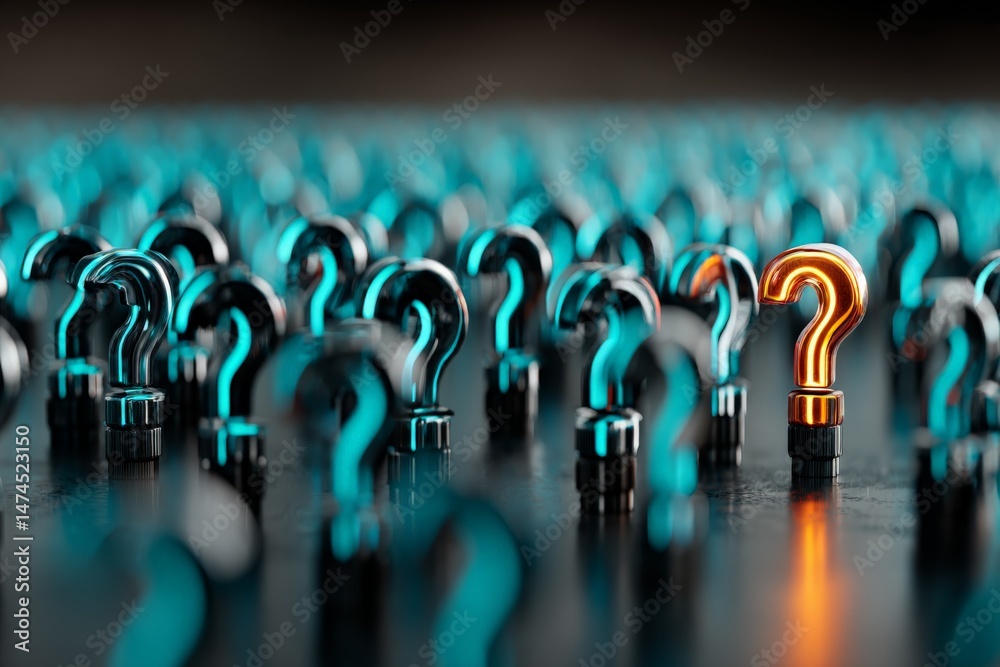 Aufkleber Black and blue question marks surround a glowing orange question mark in an abstract concept of uncertainty