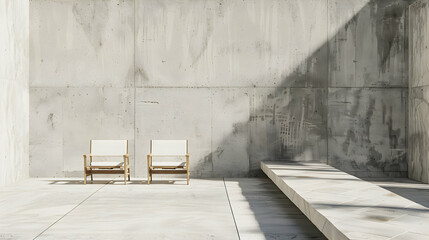 Serene minimalist interior with geometric concrete elements and two armchairs