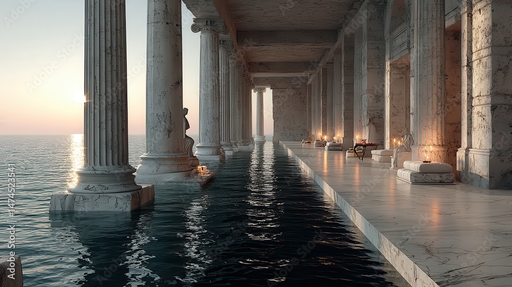 Poster ancient style corridor with columns and platform for product presentation minimal 3d rendering illustration