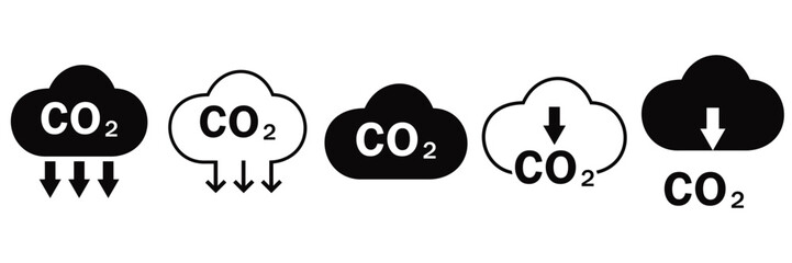 Cloud CO2 Reduction Icon Set – Carbon Emission Decrease Symbol with Down Arrow – Vector Illustration for
 Eco-Friendly and Climate Concepts