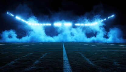 Night football field illuminated by stadium lights with blue smoke.