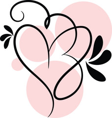 Elegant Black Line Art Heart Design with Pink Circles and Floral Accents