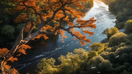 Scenic River View with Autumn Foliage and Flying Birds