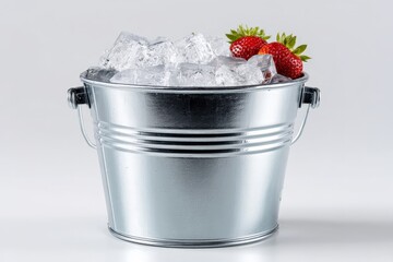 Metal bucket filled with ice and fresh strawberries placed on a neutral background