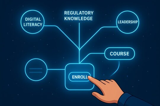 A hand interacts with a digital interface, highlighting key course components: digital literacy, regulatory knowledge, and leadership.